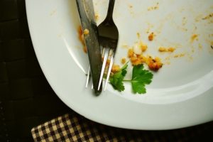 Dirty plate with knife and fork