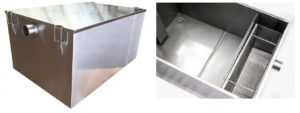 Image 1:Stainless steel manual grease trap exterior. Image 2: Stainless steel manual grease trap interior with solids filter.