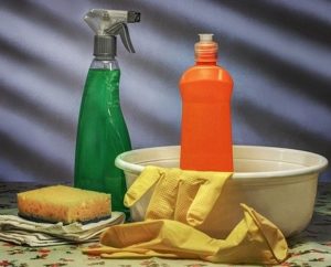 Cleaning spray, sponge, bowl and rubber gloves