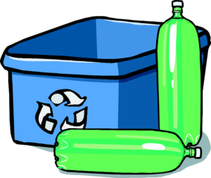 Blue recycling box drawing with green bottles