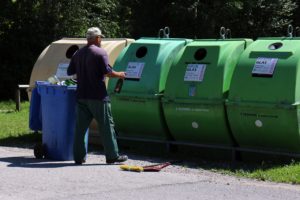 Green recycling banks with man recycling