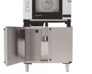 Unox smart drain below Cheftop MindMaps Plus combi oven in cabinet with door open